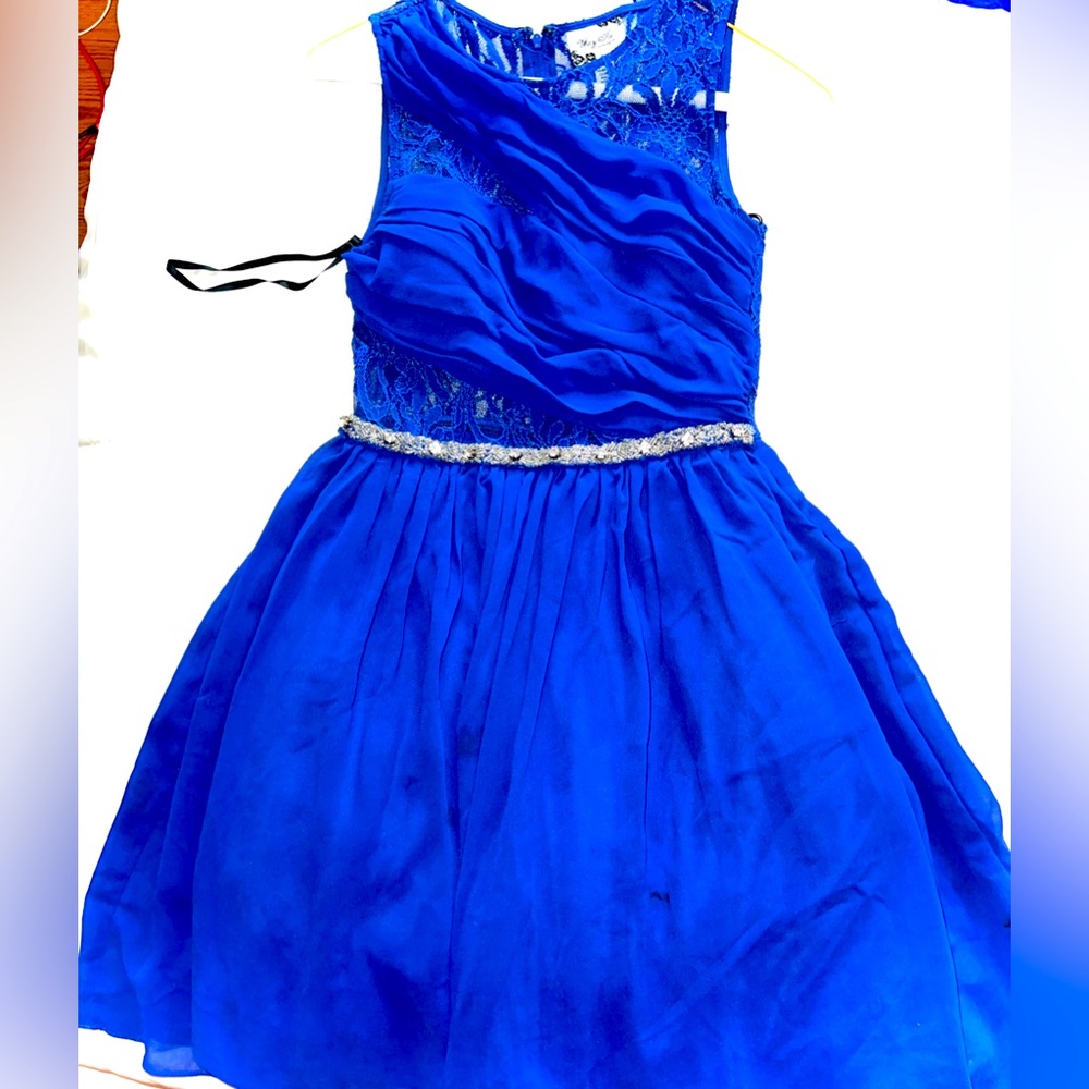 Royal blue dress, sequin on sides, full back sequence, sparkly strip in front